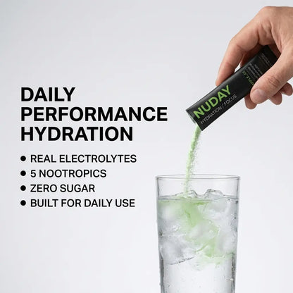 NUDAY Focus + Hydration Electrolyte Mix with Nootropics - Green Apple - 1,300Mg+ Electrolytes, L-Theanine, L-Tyrosine, Sugar-Free, Vegan & 100% Natural. the Smarter Daily Hydration.