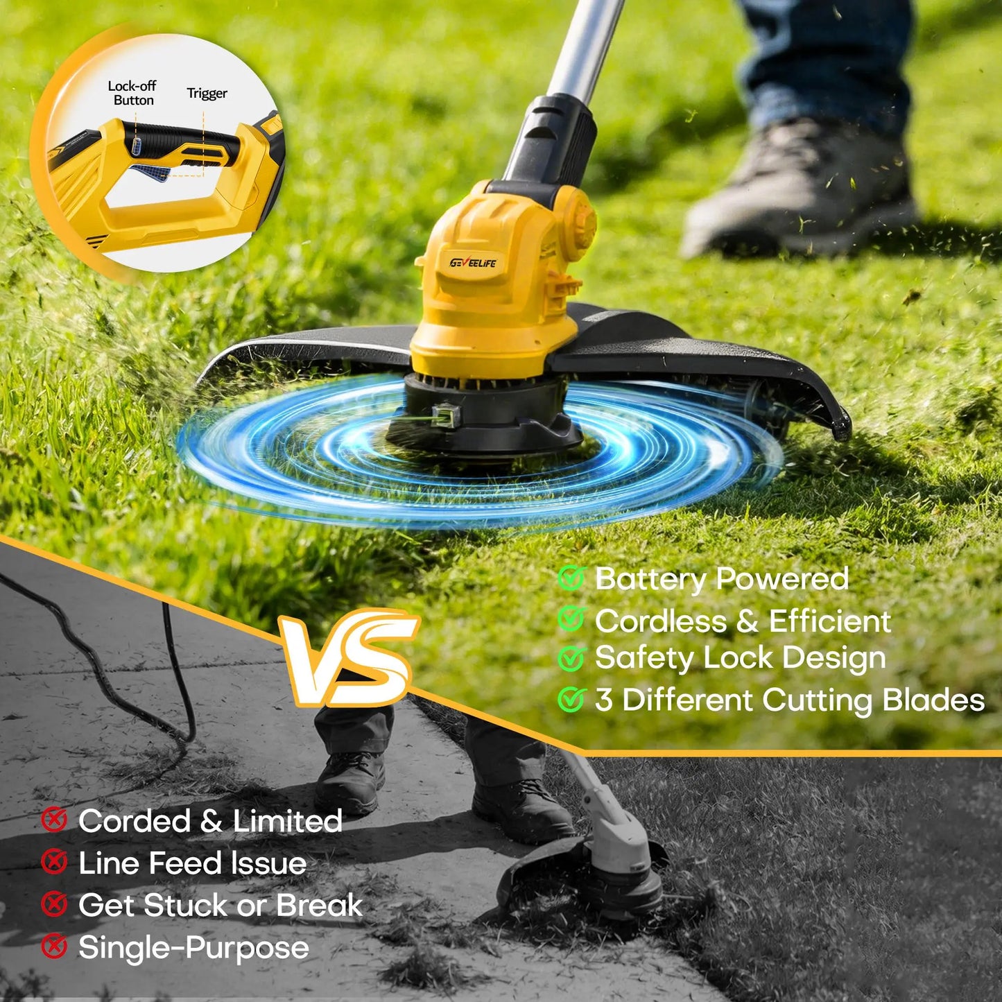 GEVEELIFE Bruchless Electric Weed Wacker String Trimmer,21V Cordless Weed Eater and Edger, 15'' Cutting Width with 2*5.0Ah Batteries Powered Brush Cutter, 4 in 1 Lawn Mower , Eco Friendly Grass Cutter,