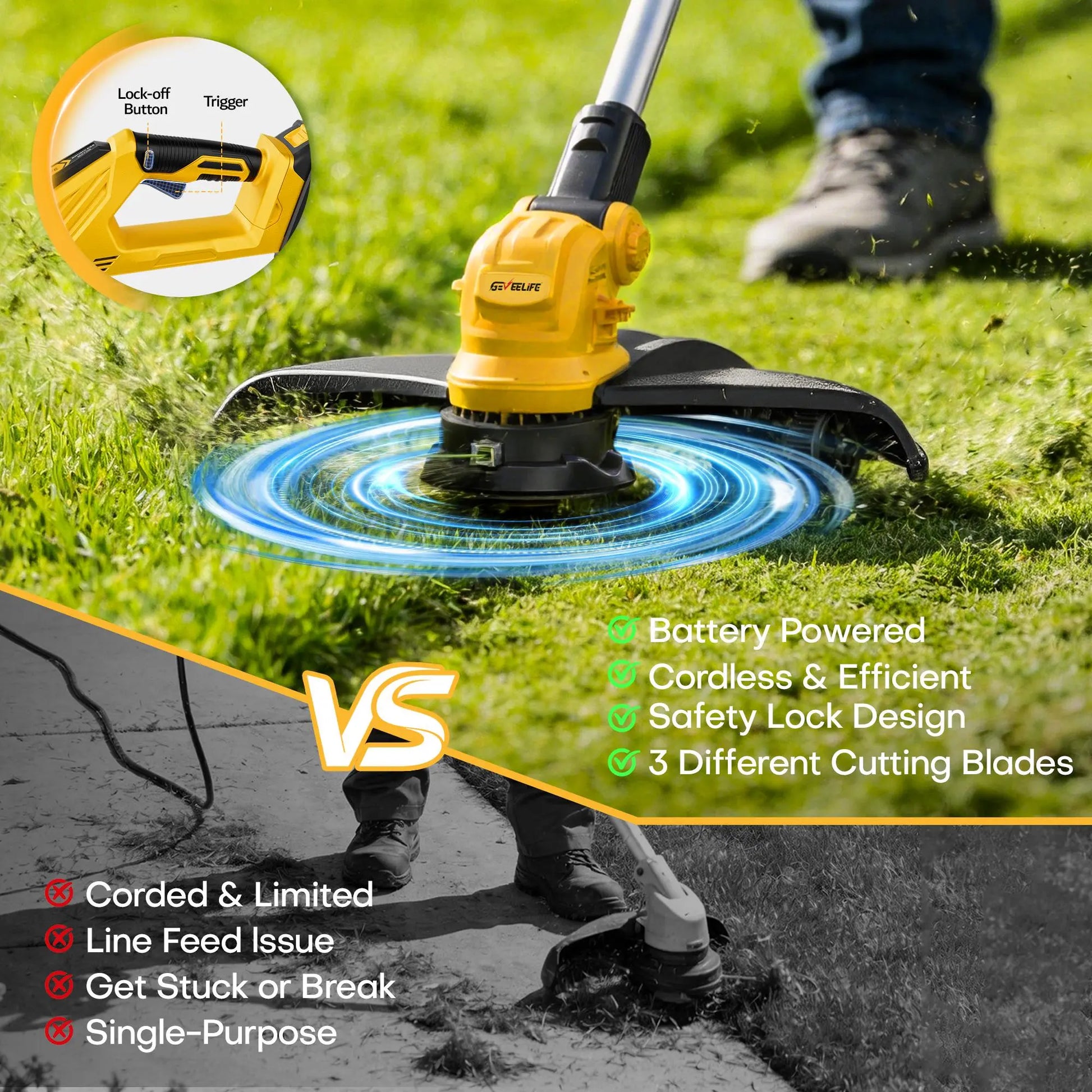 GEVEELIFE Bruchless Electric Weed Wacker String Trimmer,21V Cordless Weed Eater and Edger, 15'' Cutting Width with 2*5.0Ah Batteries Powered Brush Cutter, 4 in 1 Lawn Mower , Eco Friendly Grass Cutter,