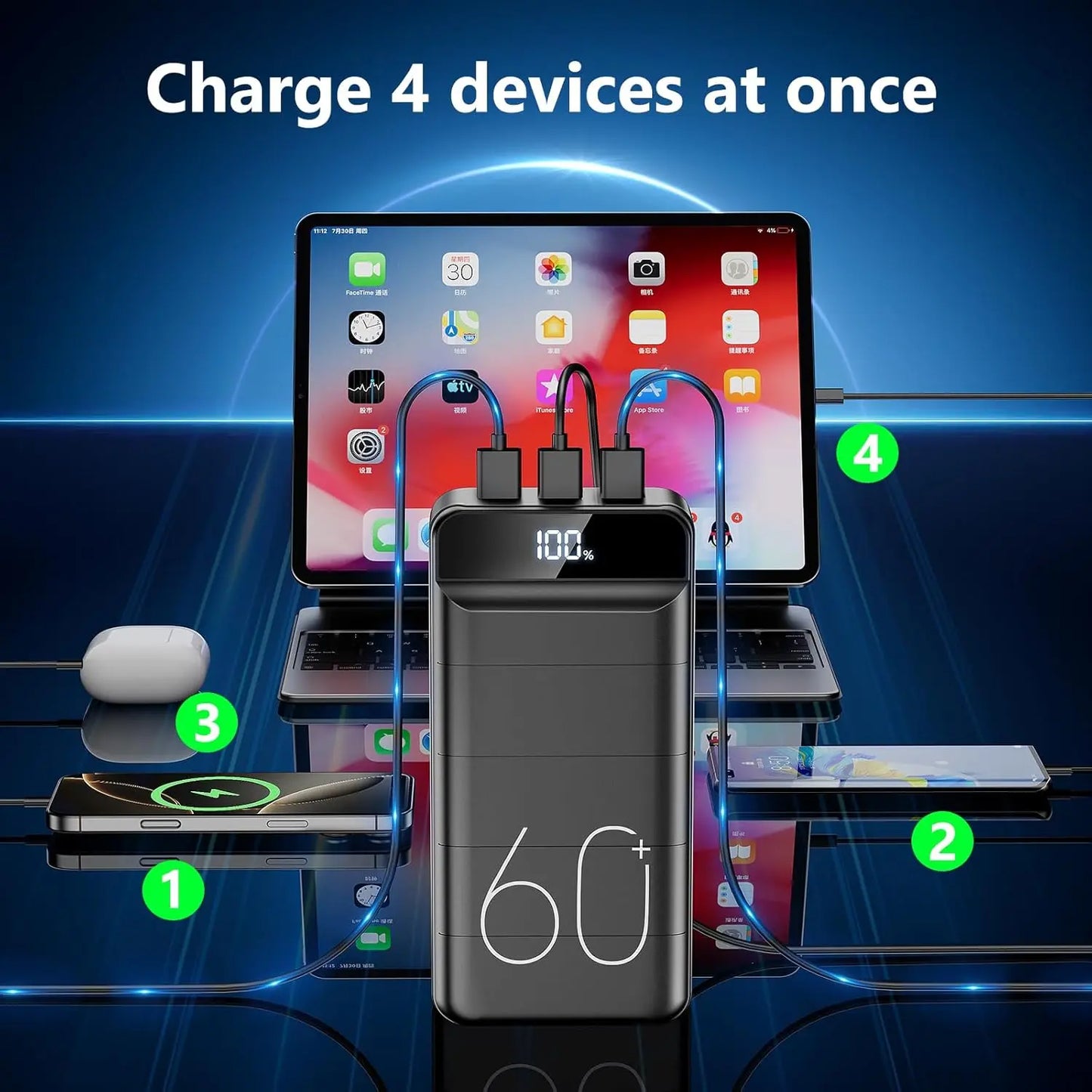 Power Bank 60000Mah 22.5W Fast Charging Portable Charger with Flashlight, 4 Outputs & 3 Inputs LED Display Huge Capacity External Battery Pack for Most Electronic Devices on the Market