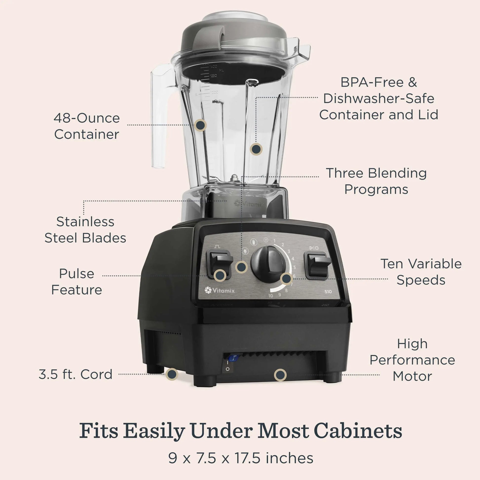 Vitamix Propel Series 510 Blender, 48 Oz Self-Cleaning Container, Stainless-Steel Blades, 3 Blending Programs for Smoothies, White