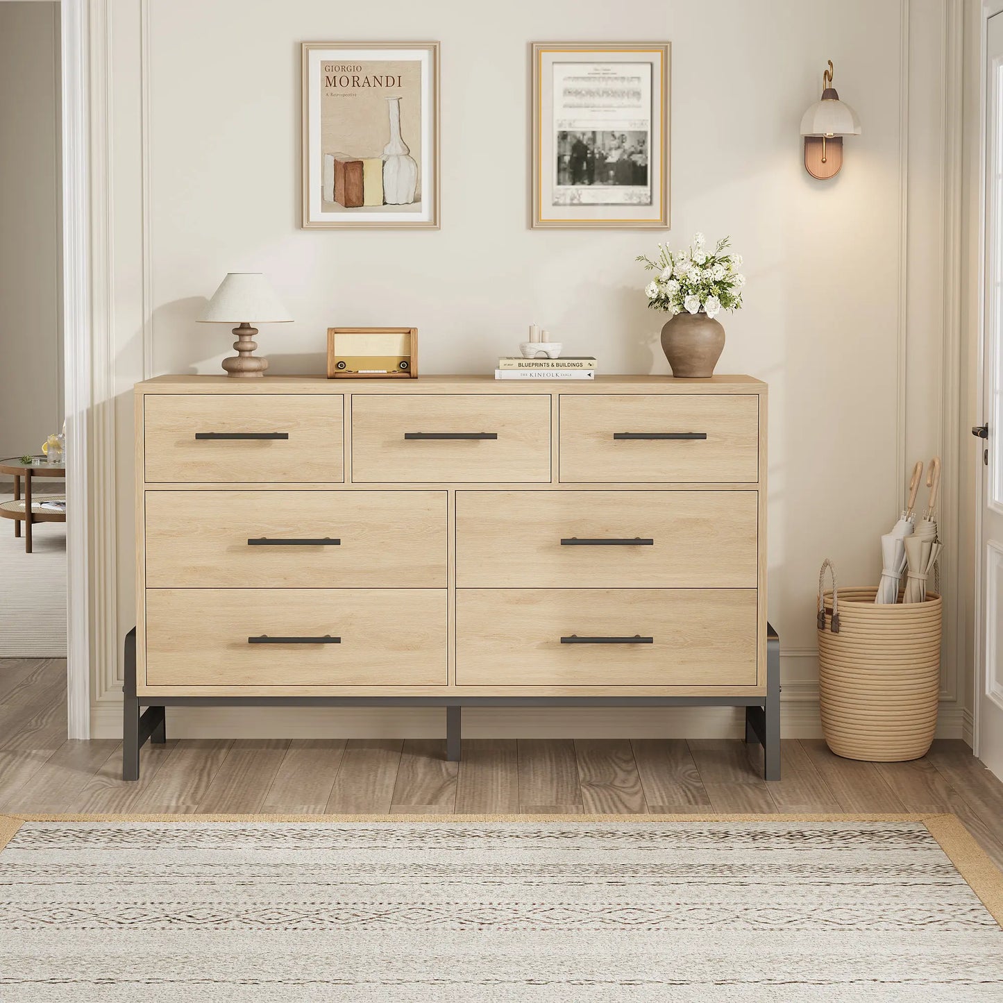 Modern 7-Drawer Wide Dresser for Bedroom - Freestanding Wooden Storage Chest - Large Drawers for Entryway, Living Room, or Closet - Natural Oak Finish
