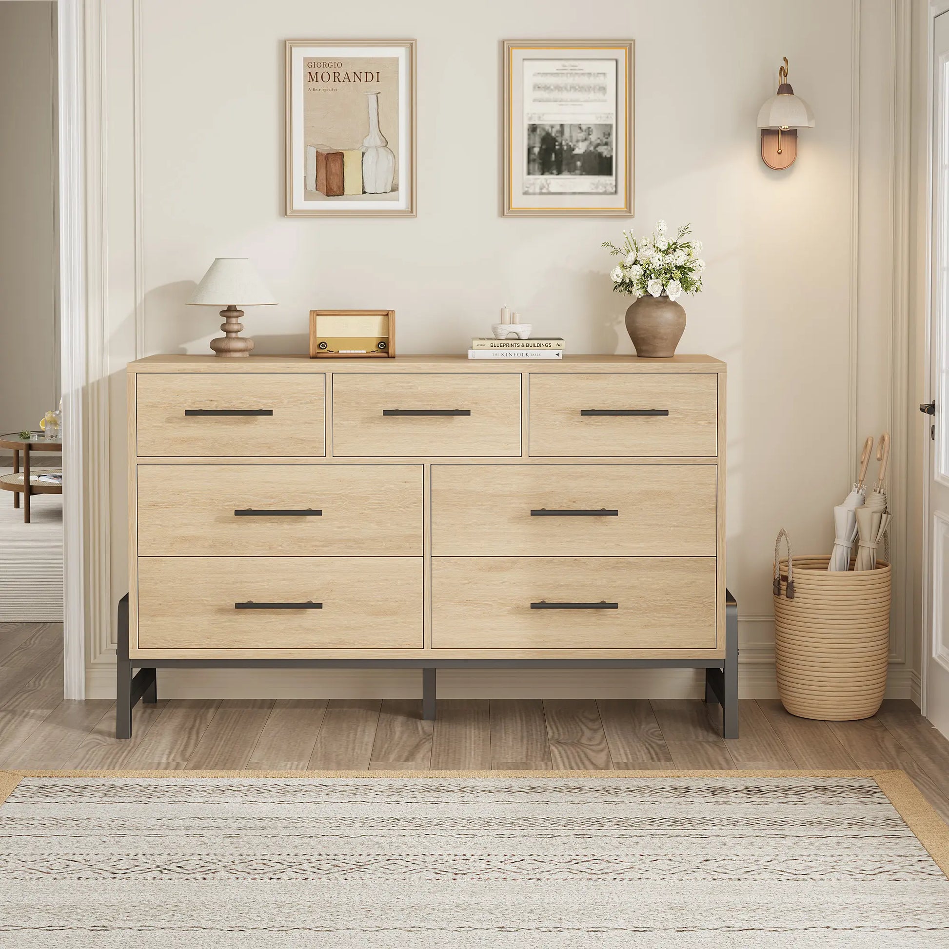 Modern 7-Drawer Wide Dresser for Bedroom - Freestanding Wooden Storage Chest - Large Drawers for Entryway, Living Room, or Closet - Natural Oak Finish