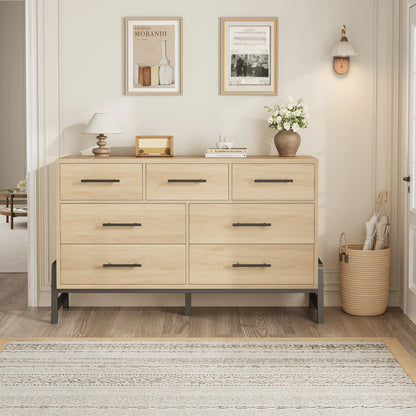 Modern 7-Drawer Wide Dresser for Bedroom - Freestanding Wooden Storage Chest - Large Drawers for Entryway, Living Room, or Closet - Natural Oak Finish