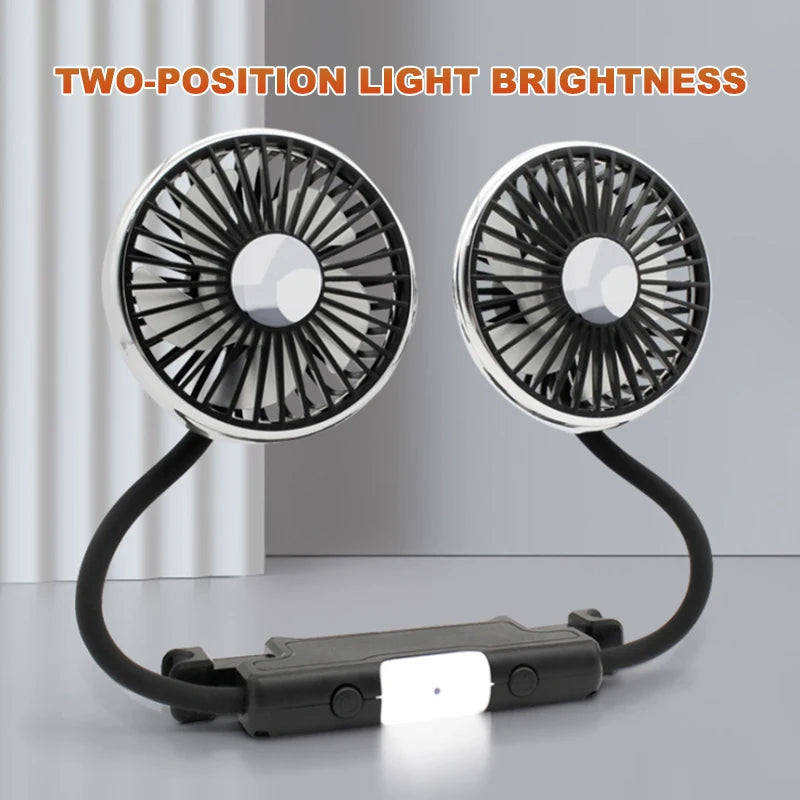 Car USB Fan Dual Head Cooling Air Fan Independent Switch 3-Speed 360 Degree Adjustable Auto Headrest Fan for Rear Seat