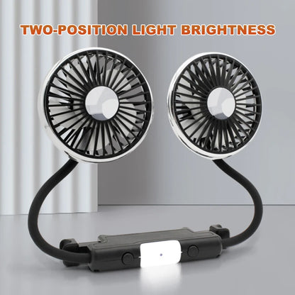 Car USB Fan Dual Head Cooling Air Fan Independent Switch 3-Speed 360 Degree Adjustable Auto Headrest Fan for Rear Seat