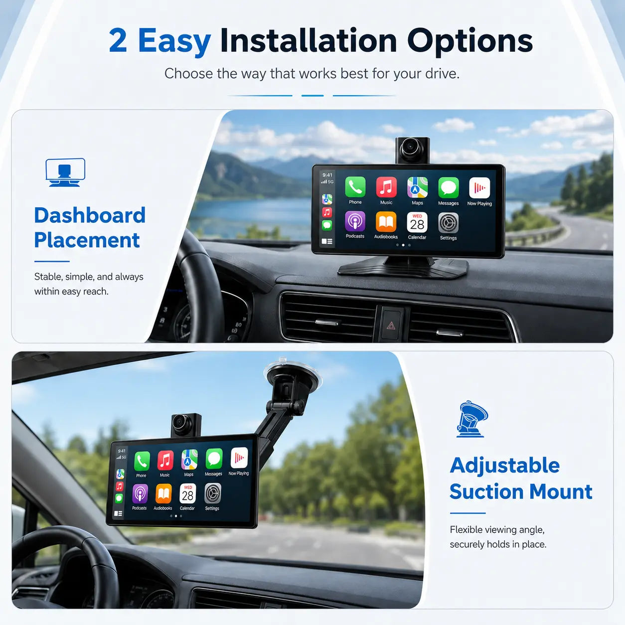 10.26 Inch Full HD Car Touch Screen, Wireless Carplay & Android Auto, Smart Voice Control, Built-In Dash Cam, Auto Pop-Up Rear View Camera, Universal for All Vehicles