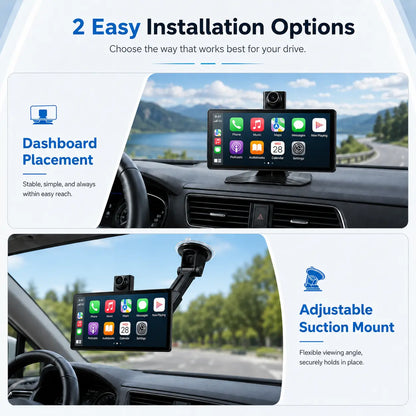 10.26 Inch Full HD Car Touch Screen, Wireless Carplay & Android Auto, Smart Voice Control, Built-In Dash Cam, Auto Pop-Up Rear View Camera, Universal for All Vehicles