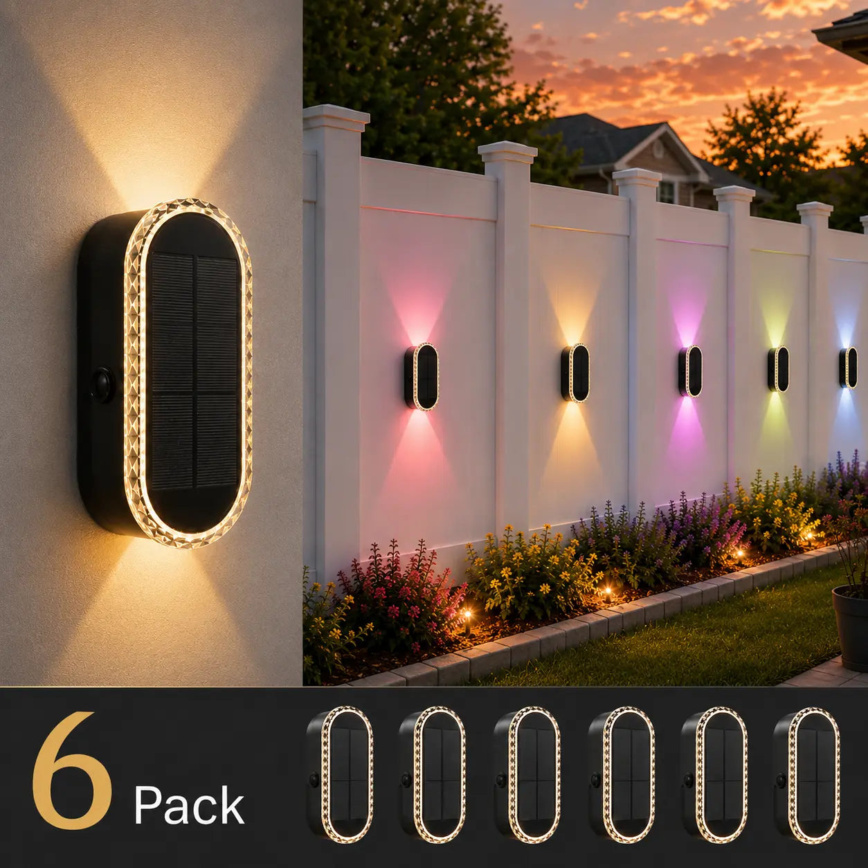 DERAYSION Solar Wall Lights Outdoor up down Dual-Lens, 2/4/6/10 Pack, Warm White + 7 Fixed RGB Colors & Cycle Mode, IP65 Waterproof Solar Fence Lights for Patio Garden Yard