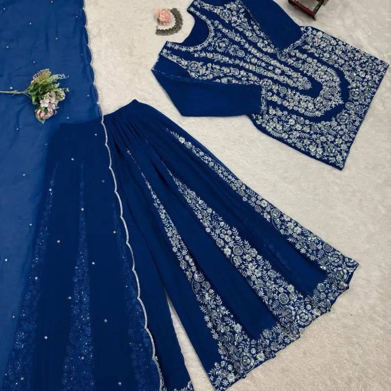 Women Blue Plazo Set Indian Wedding Party Sharara Suit Eid Collection