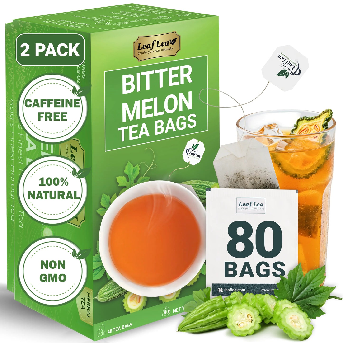 Leaflea Natural Bitter Melon Tea Bags, Cundeamor Herbal Tea Bags – Melon Amargo Gohyah Fruit Tea, Wellness & Digestion Support, Caffeine-Free, Non-Gmo, Sugar-Free, Vegan