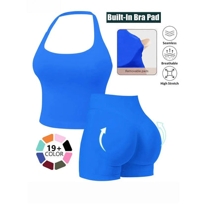 Seamless 2 Piece Workout Athleisure Sets for Women, Halter Built-In Bra Tank Top & Scrunch Booty Shorts, Breathable Quick Dry Activewear for Yoga Gym Running Summer Free Shipping