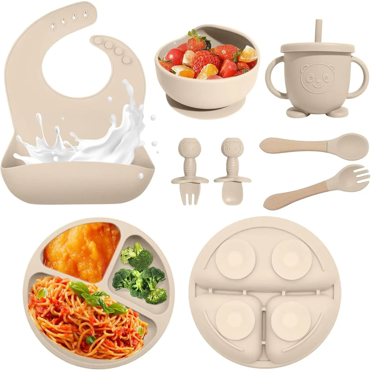 Baby Led Weaning Supplies, 8 Piece Bpa-Free Silicone Feeding Set, Silicone Suction Bowl, Forks & Spoons, Bib & Cup, Develops Self Feeding Skills, Dishwasher Safe, 6+ Months (Pink) Dinnerware