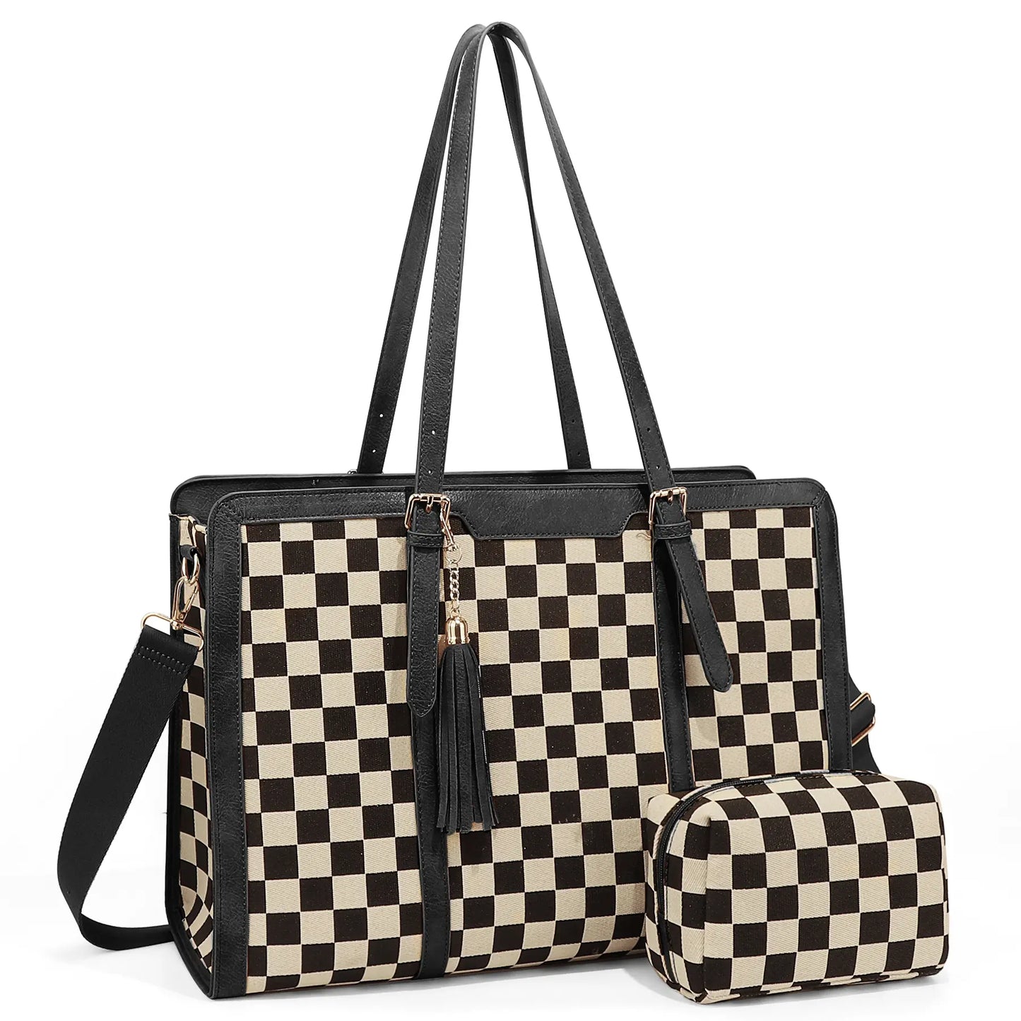 GAINSNS 2-Piece Checkered Plaid Tote Bag Large Laptop Tote Bag for Women Checkered Shoulder Purse Handbags for Work Travel