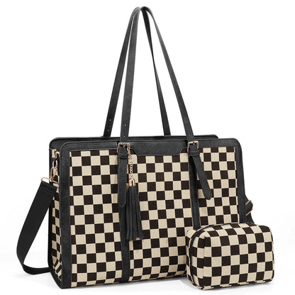 GAINSNS 2-Piece Checkered Plaid Tote Bag Large Laptop Tote Bag for Women Checkered Shoulder Purse Handbags for Work Travel