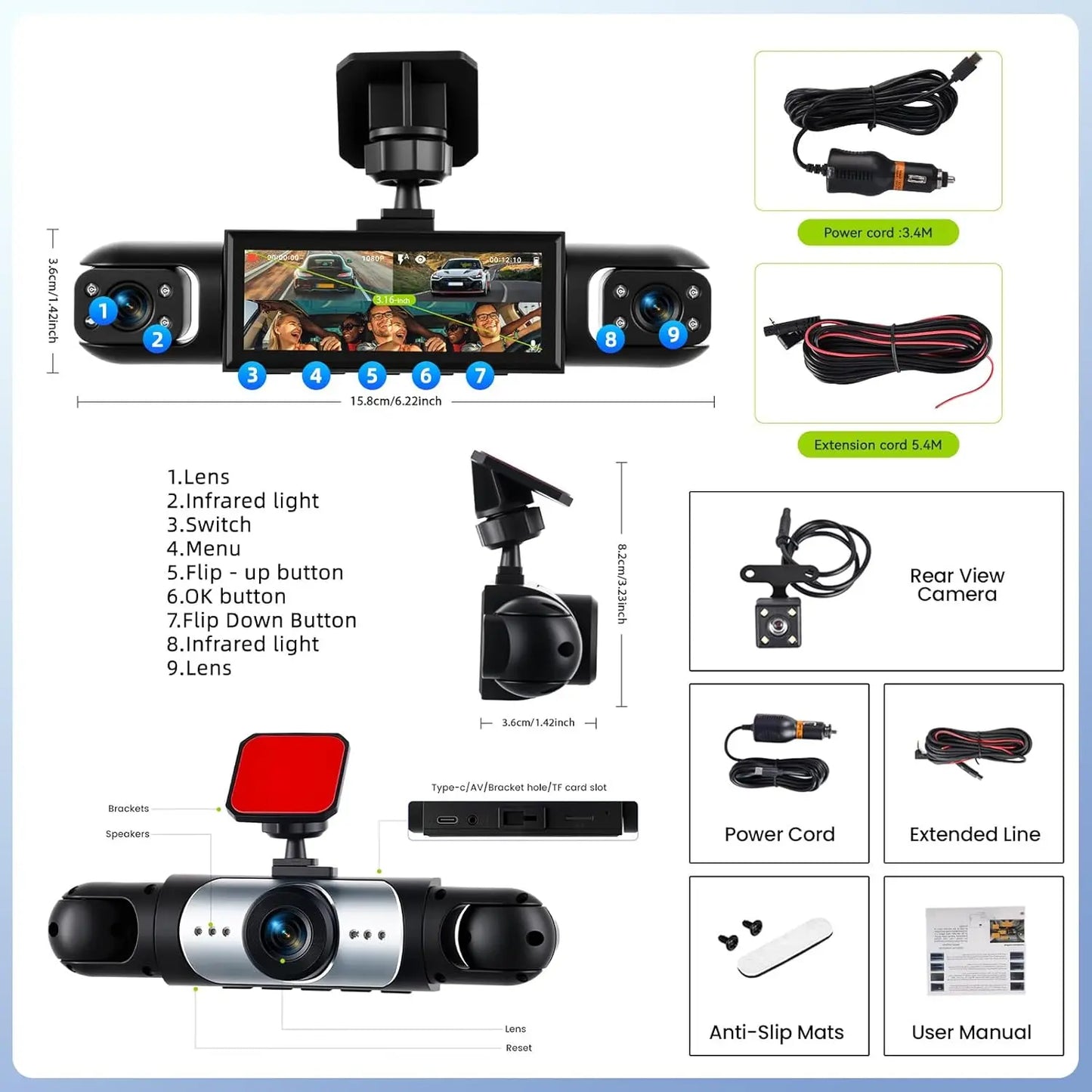 LASATE Car Dash Cam, 1080P Car DVR with Memory Card，3.16 Inch, Plug and Play（No Battery），Car Video Surveillance with Night Vision， Car DVR Hd Screen Front Rear Left and Right Dashcam，Holiday Gift(Not Wireless) Requires Charging to Use