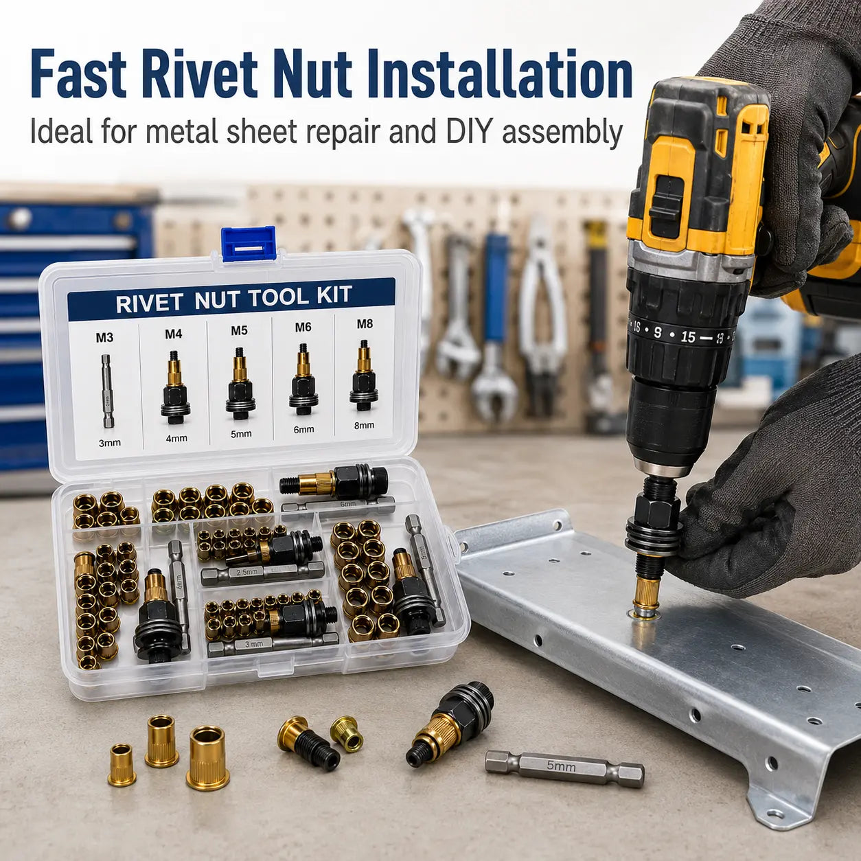 Rivet Nut Tool Kit, Rivet Nut Adapter Set with M3 M4 M5 M6 M8 Mandrel Heads & Hex Driver Bits, Nutsert Installation Kit for Drill, Metal Sheet, Automotive, Furniture & DIY Repair