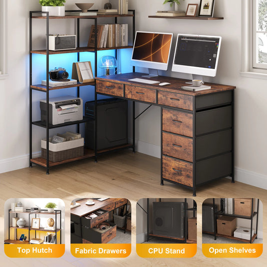 Garvee L-Shaped Computer Desk Organizer – 6 Drawers & 5-Tier Shelves, Built-In LED Lights & Power Outlets, 47.2" Modern Corner Workstation – Sturdy Wooden Design for Home Office, Study, Gaming – Sunset Cloud Color – Maximize Corner Space