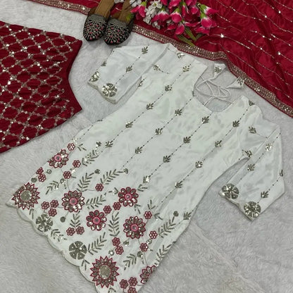 Indian Sharara - Red Traditional Dress with Floral Embroidery and Matching Accessories