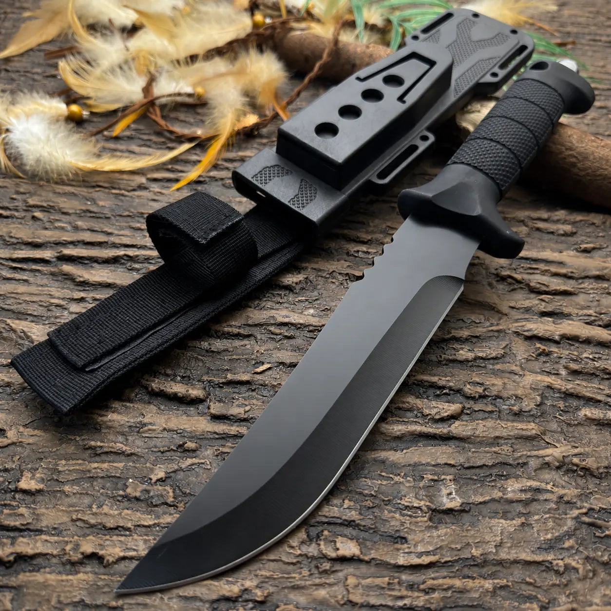 Multi Profile Kitchen Meat Cutting Knife - Black Coated Stainless Steel Fixed Blade with Segmented Textured Anti-Slip Handle for Household Food Prep, Kitchen Knives