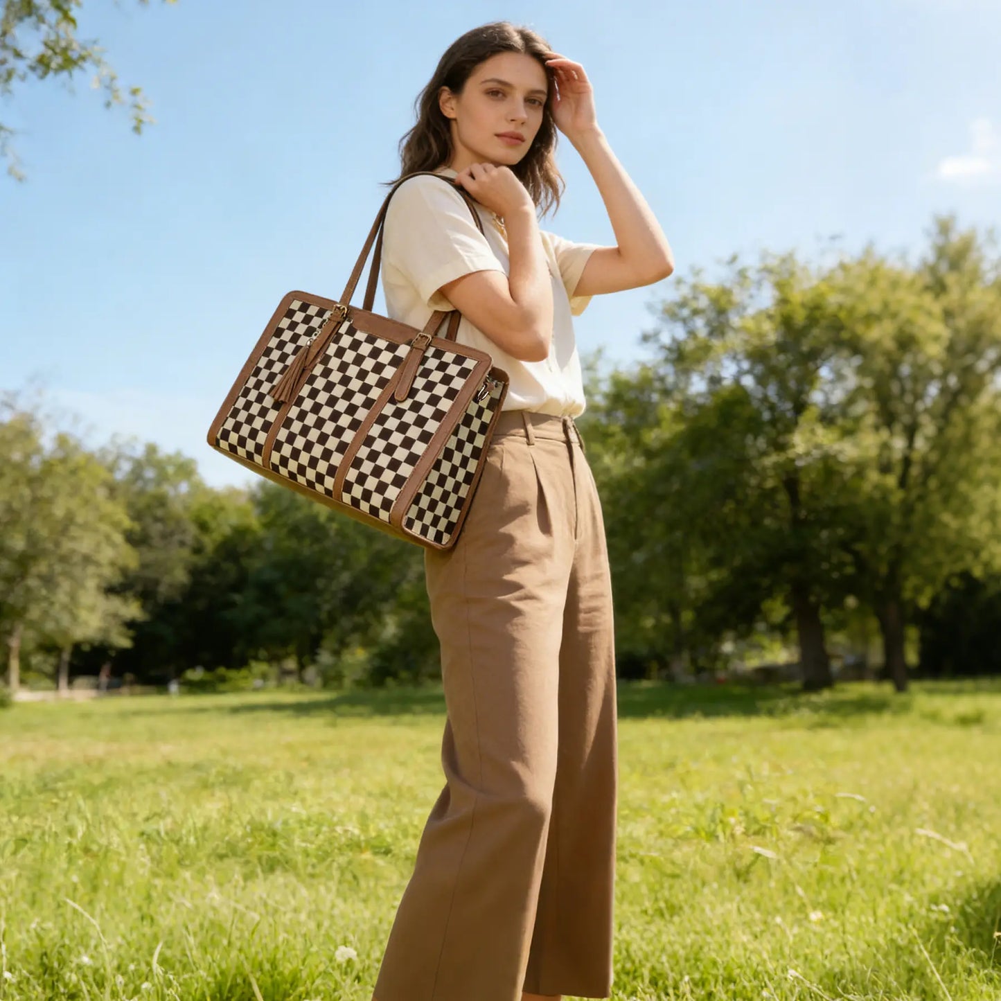 GAINSNS 2-Piece Checkered Plaid Tote Bag Large Laptop Tote Bag for Women Checkered Shoulder Purse Handbags for Work Travel