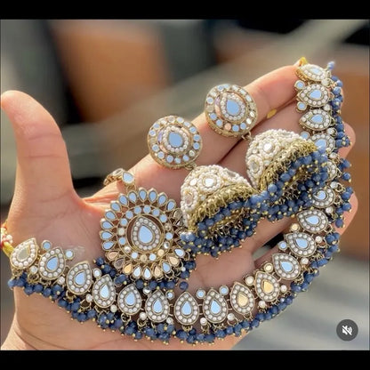 Indian Wedding Mirror Jewelry Set - Mirror Necklace, Tikka, Jhumka Earrings