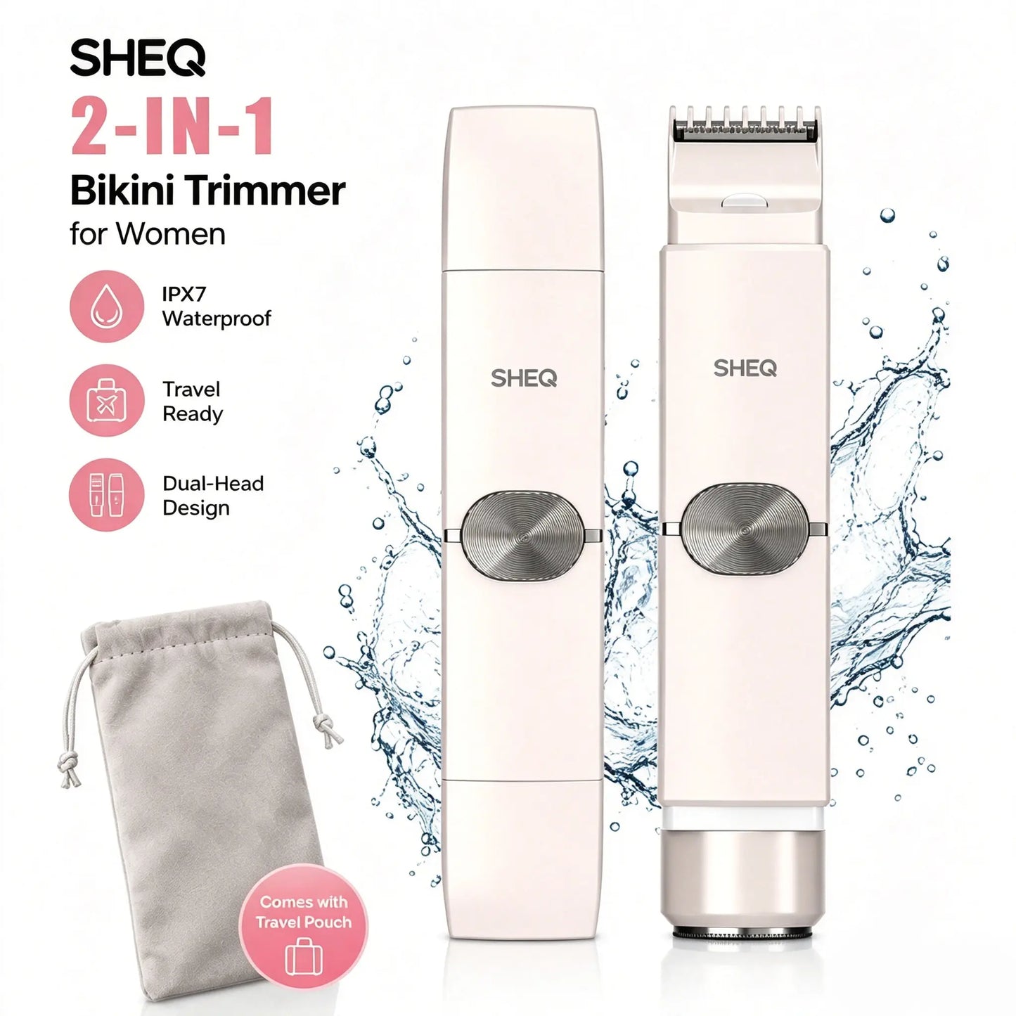 Portable Electric Bikini Trimmer for Women, Rechargeable 2-In-1 Electric Shaver with Dual Heads, IPX7 Waterproof Body Grooming Tool for Pubic Hair, Underarms, Face & Legs, Travel Essential with Storage Pouch