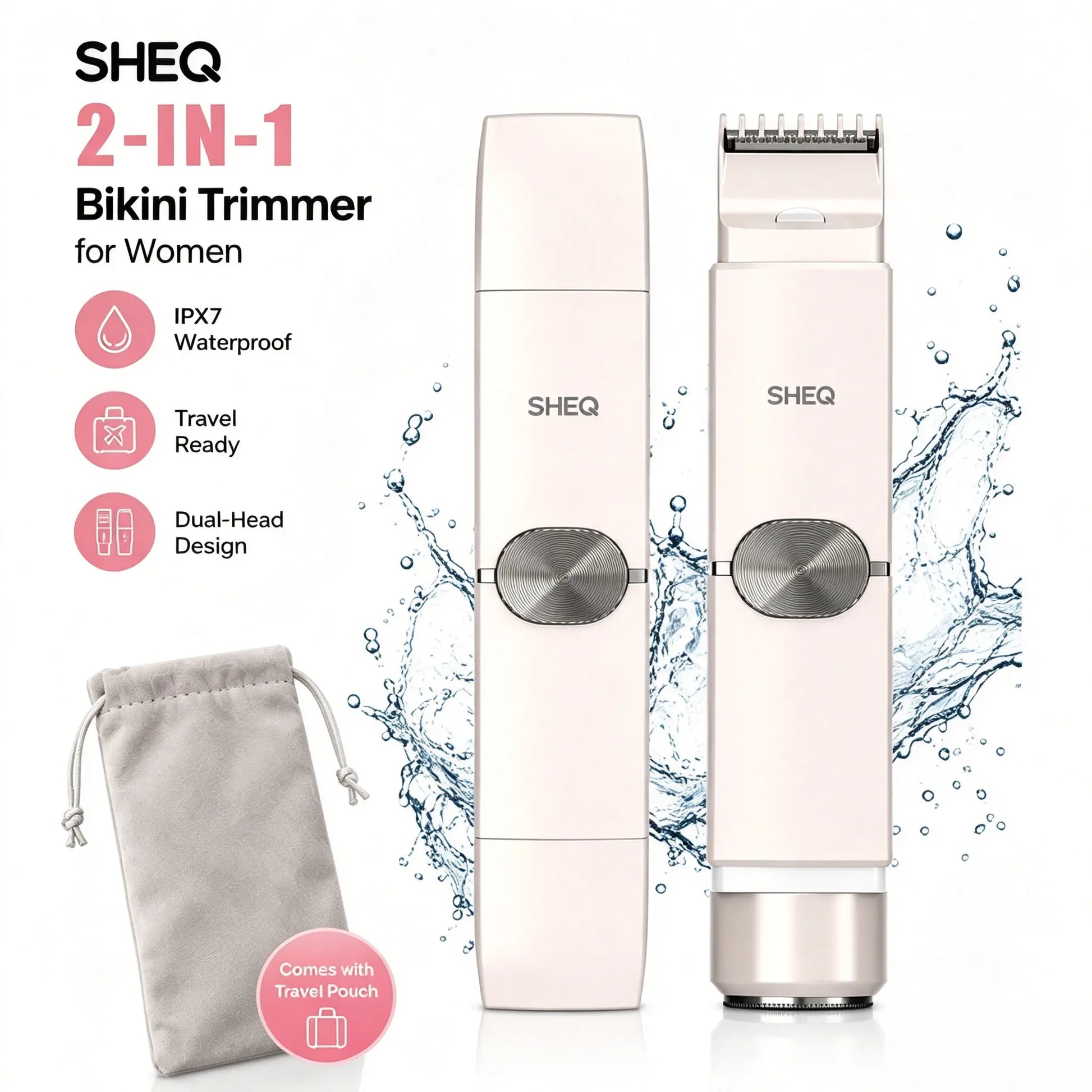 Portable Electric Bikini Trimmer for Women, Rechargeable 2-In-1 Electric Shaver with Dual Heads, IPX7 Waterproof Body Grooming Tool for Pubic Hair, Underarms, Face & Legs, Travel Essential with Storage Pouch