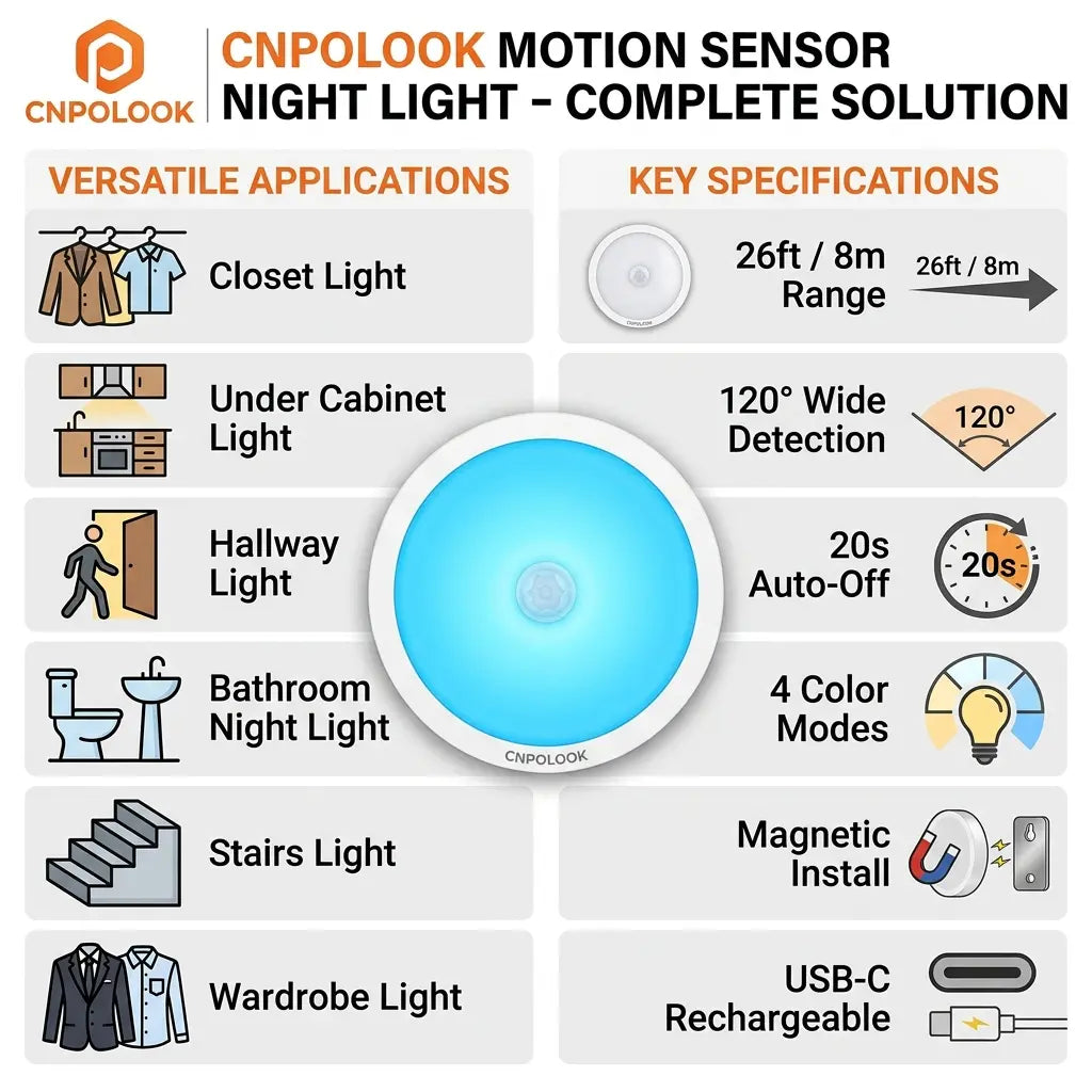CNPOLOOK Rechargeable Motion Sensor Night Light, 4 Color Modes (Warm White/White/Red/Blue), Dimmable, USB‑C, Magnetic Stick on Light, 120° PIR, 26 Ft Range, OFF/AUTO/ON, Closet Bathroom Hallway Bedside (1 Pack)