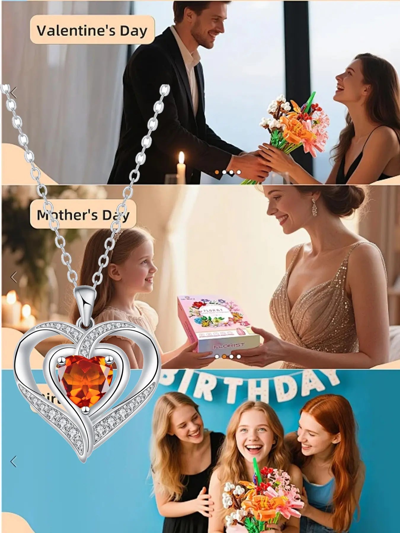 Nested Hearts Birthstone Pendant Necklace with Eternal Flower - Comes with Exquisite Rose Gift Box Romantic Gift Set Jewelry Gift for Valentine'S Day & Birthday,A Gift for My Wife, Mother, and Girlfriend