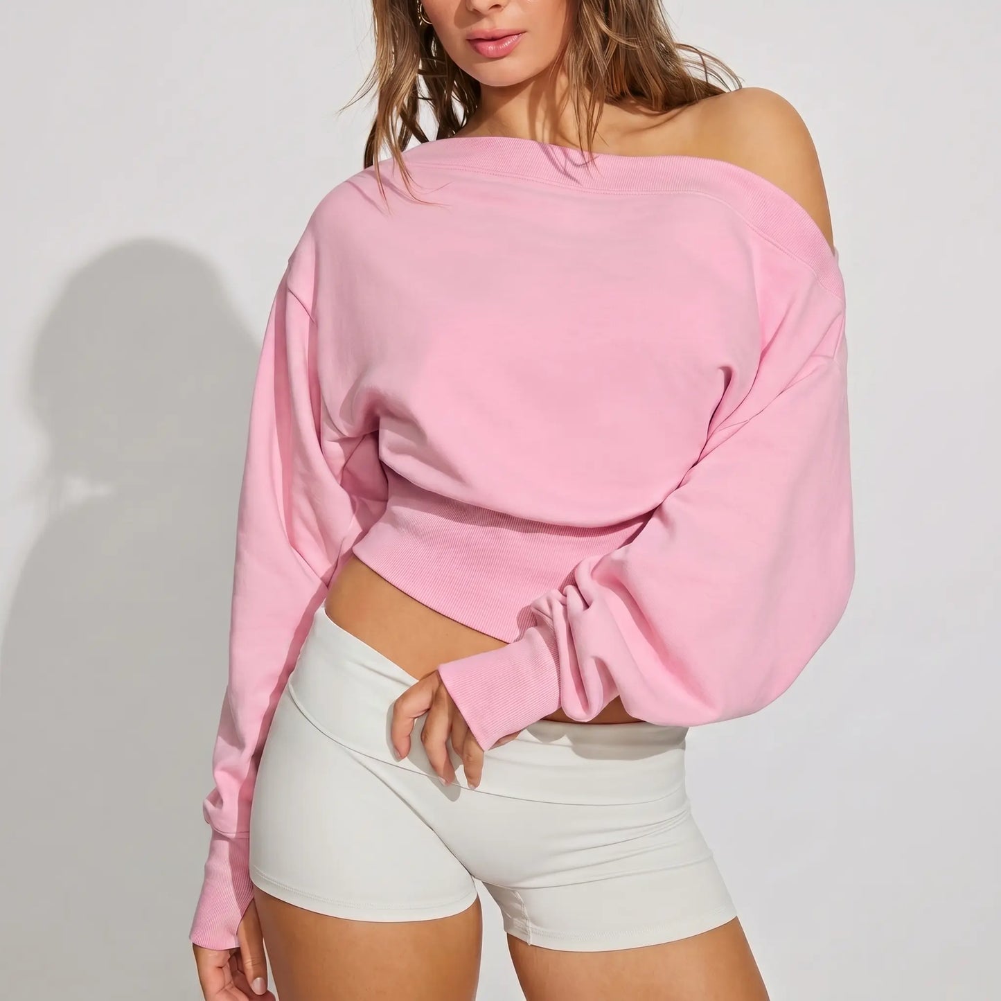 Fisoew Women'S Autumn/Winter Solid Color Casual Y2K Basic Off-Shoulder Sweatshirt — Elastic Street Style Top for Daily Wear & Back-To-School Streetwear