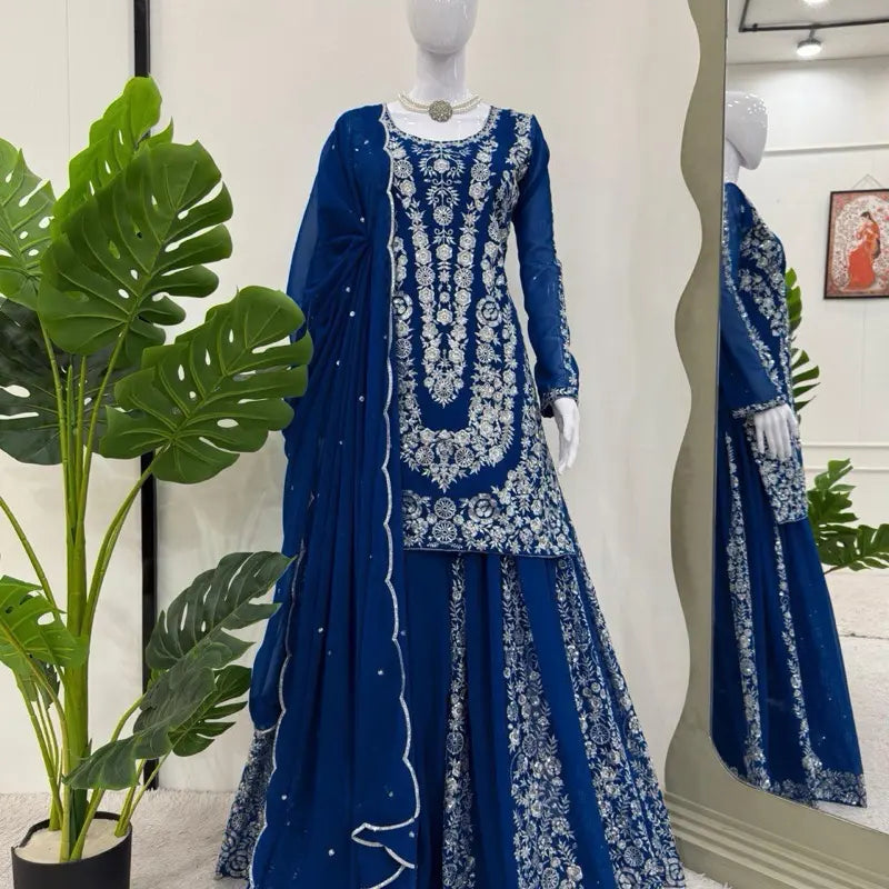 Women Blue Plazo Set Indian Wedding Party Sharara Suit Eid Collection