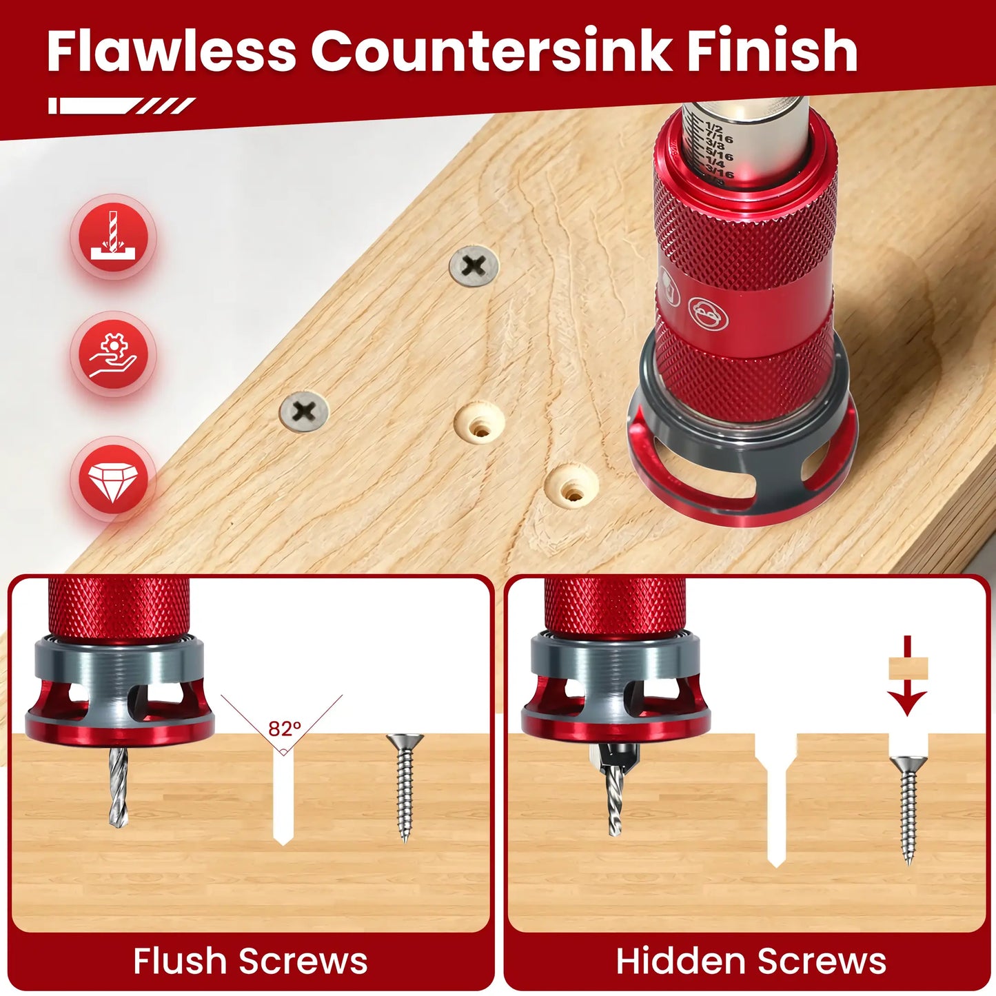 Quick Adjust Countersink Drill Bit Set with Aluminum Depth Stop Collar 5 Replaceable HSS M2 Bits 1/4 Inch Hex Shank Woodworking Tool for Hardwood and MDF