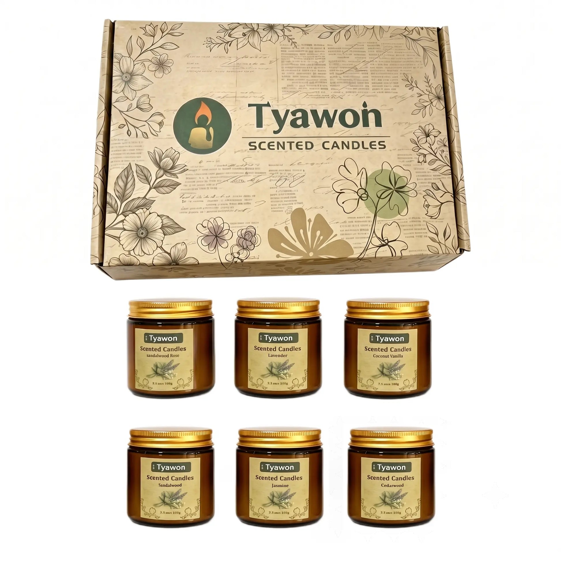 Tyawon Scented Candles for Home, 6 Pack Soy Wax Candle Set, Aromatherapy Candles, Amber Jar Vintage Apothecary Style, 6 Scents Gift Set