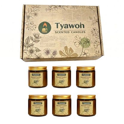 Tyawon Scented Candles for Home, 6 Pack Soy Wax Candle Set, Aromatherapy Candles, Amber Jar Vintage Apothecary Style, 6 Scents Gift Set