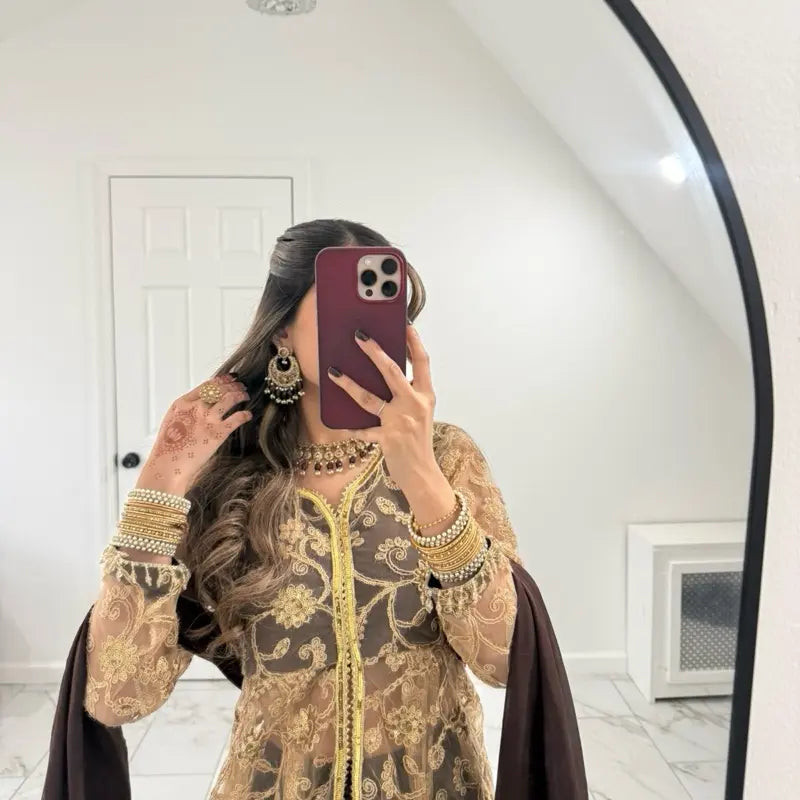 Indian Wedding Wear Long Style Net Sharara with Gold Sequin and Glitter Work for Women'S Party Wear Elegant Design and Versatile Occasion - Elegance, Dress Silk Golden Lightweight Outfit