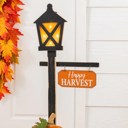 Glitzhome 36"H Rustic Lighted Wooden Pumpkin Lantern Lamp Post, Festive Decoration with Timer, Knock-Down Entryway Holiday Ornaments for Porch