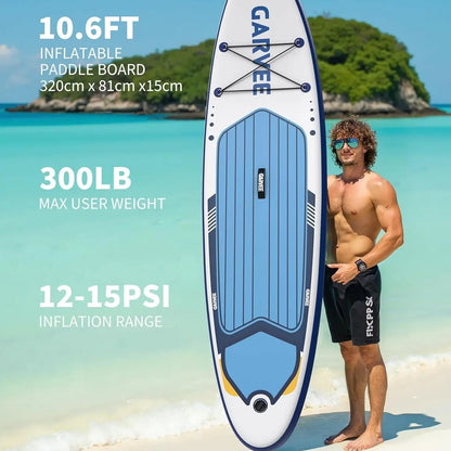 Extra Wide Inflatable Stand-Up Paddleboarding Paddle Board - 10'6" X 32" X 6" - Non-Slip Stable Deck - 450 Lbs Capacity - Deluxe Paddleboarding Accessories, Backpack, Paddle, Air Pump, Camera Mount - Ideal for Yoga, Fishing, Surfing, Beginners