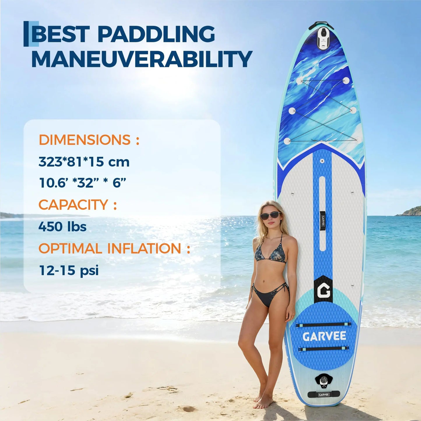 Extra Wide Inflatable Stand-Up Paddleboarding Paddle Board - 10'6" X 32" X 6" - Non-Slip Stable Deck - 450 Lbs Capacity - Deluxe Paddleboarding Accessories, Backpack, Paddle, Air Pump, Camera Mount - Ideal for Yoga, Fishing, Surfing, Beginners