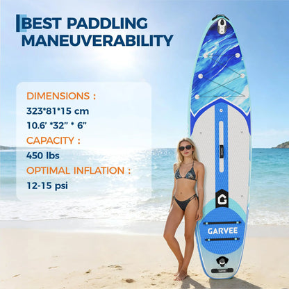 Extra Wide Inflatable Stand-Up Paddleboarding Paddle Board - 10'6" X 32" X 6" - Non-Slip Stable Deck - 450 Lbs Capacity - Deluxe Paddleboarding Accessories, Backpack, Paddle, Air Pump, Camera Mount - Ideal for Yoga, Fishing, Surfing, Beginners