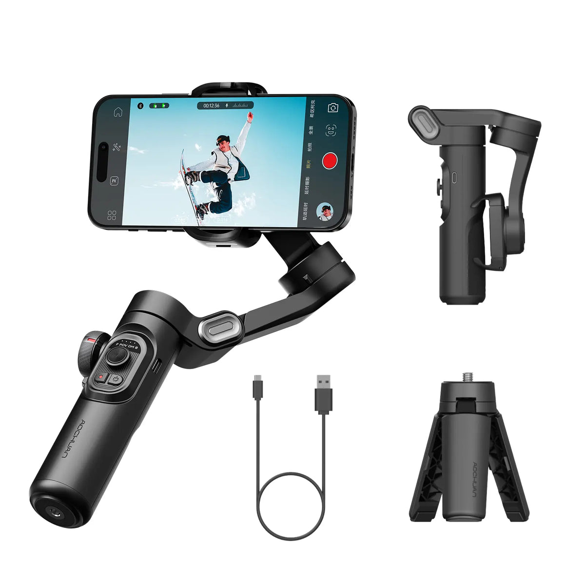 AOCHUAN 3-Axis Gimbal Stabilizer for Smartphone, Gimbal W/Rgb Magnetic Fill Light Upgraded Face Tracking Focus Wheel Foldable Iphone Gimbal for Iphone/Android Phone Gimbal Vlog Recording Smart XE-3