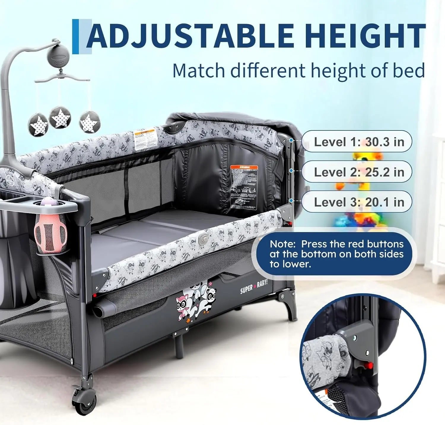 GAOMON 4 in 1 Pack and Play Baby Bassinet Bedside Crib Sleeper for Newborn to Toddlers, Portable Crib with Changing Table, Zip Door, Locking Wheels, Bottom Storage & Toy Bar