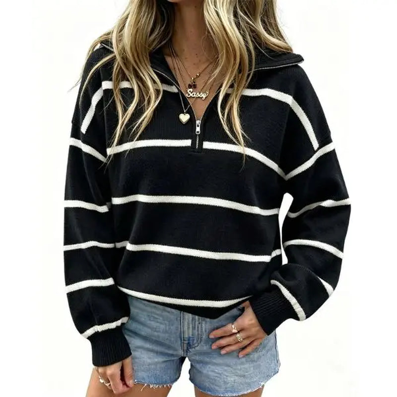 Fisoew Women'S Color Block Striped Quarter Zip Sweater, Lapel Collar Drop Shoulder Long Sleeve Oversized Pullover Knit Top