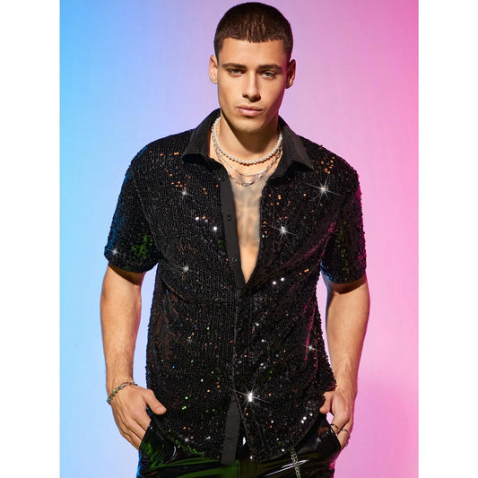 Men'S Short Sleeve Sequin Collared Shirt - Color Block Button-Down Menswear Top, Soft Polyester Fabric for Evening Club Nights, Men'S Fashion Party Wear