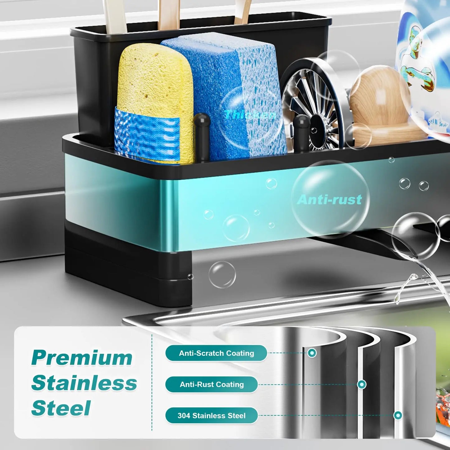 Stainless Steel Sink Caddy, Sponge Holder for Kitchen Sink with Brush Holder and Towel Rack, Sink Organizer for Countertop, Soap Dispenser Kitchen Organizers Storage Essentials
