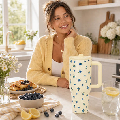Hydrojug 40Oz Blueberry Print Tumbler with Handle, Vacuum Insulated Stainless Steel Cup with Straw Lid, Leak-Resistant Travel Mug for Car Cup Holder, Office Desk, Gym, Commute, Summer Drinks, Daily Hydration, Cute Aesthetic Gift for Her, Women & Men