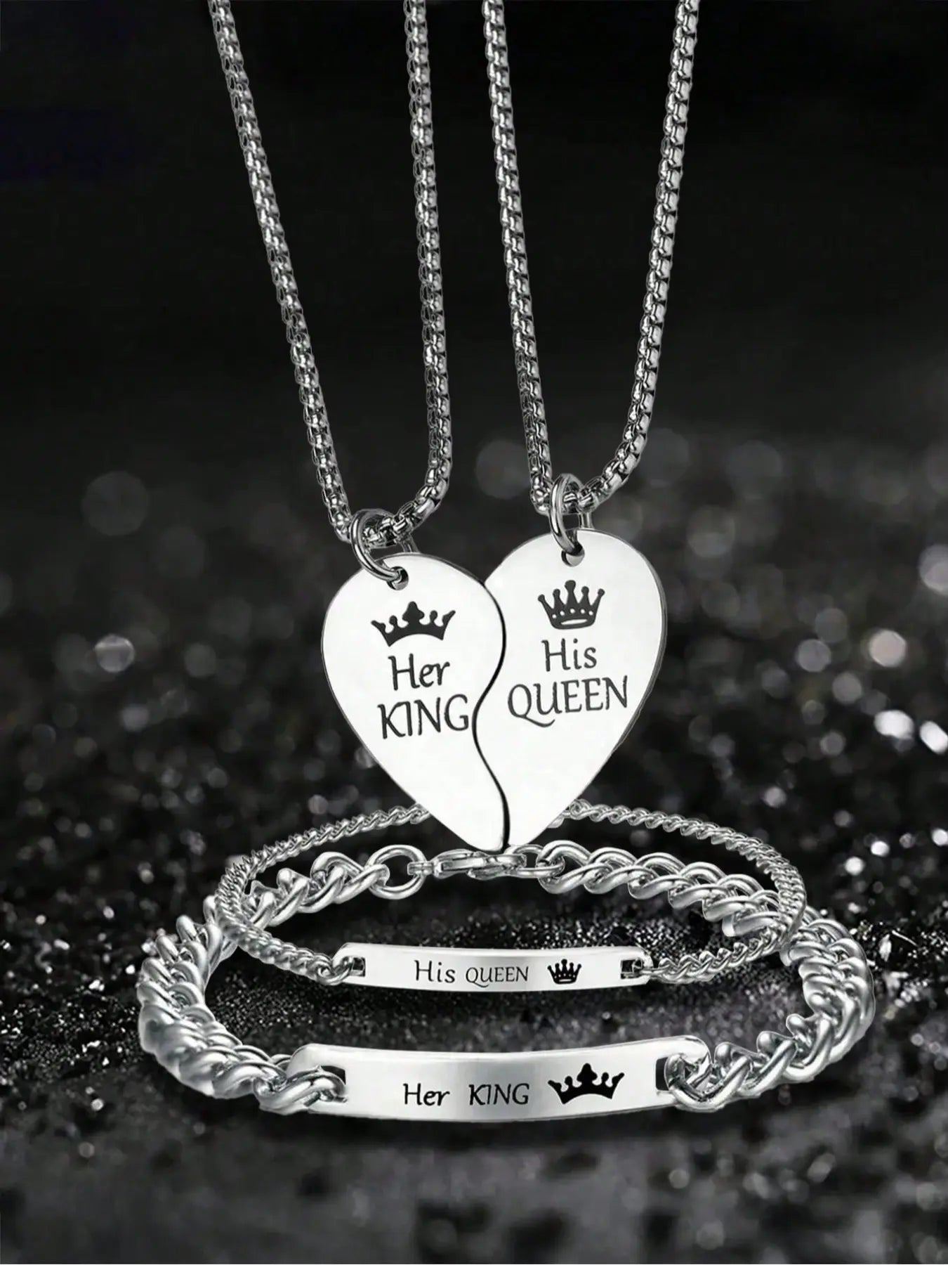 His Queen Her King Couple Necklace Bracelet Set, Couples Jewelry, Jewelry Sets, Unique Design, Durable Stainless Steel Romantic Gift, Perfect for Boyfriend Girlfriend, Valentine'S Day Christmas, Matching Necklaces, All Season Wear