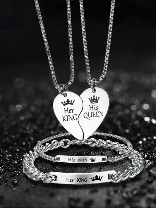 His Queen Her King Couple Necklace Bracelet Set, Couples Jewelry, Jewelry Sets, Unique Design, Durable Stainless Steel Romantic Gift, Perfect for Boyfriend Girlfriend, Valentine'S Day Christmas, Matching Necklaces, All Season Wear