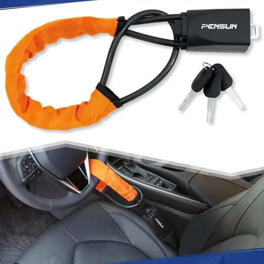 17-Inch Automotive Mechanical Wheel Steering Locks & Security Unit - Wheel+Seat Belt Anti-Theft Guard, Deters Theft, Car Interior Accessory with Lock, Fits Most Cars/Suvs, Dashboard & Key Operation Compatible