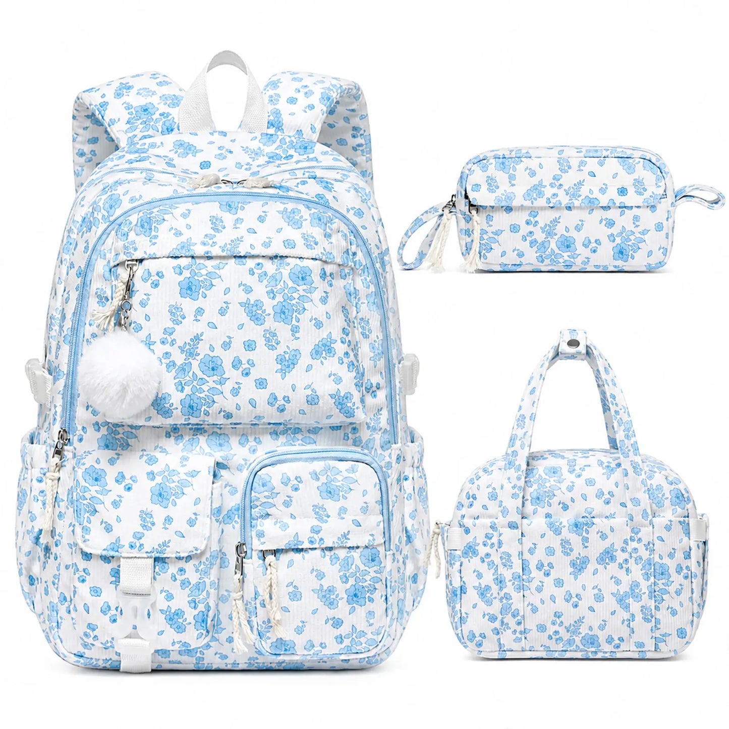 Similove Corduroy Floral Backpack for Girls, 3-Pocket Kawaii 3/4PCS Toddler Bookbag with Lunch Bag&Pencil Case&Water Bottle, Lightweight Casual Daypack for Preschool Travel